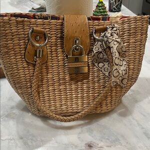Guess Brown Woven Tote with Lock Detail